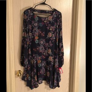 Navy Blue Floral Mid Length Dress